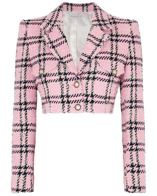 Alessandra Rich Checked Cropped Bouclé Tweed Jacket in Pink | Lyst