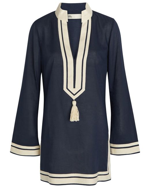 Tory Burch Blue V-Neck Cotton Mini Tunic Dress
