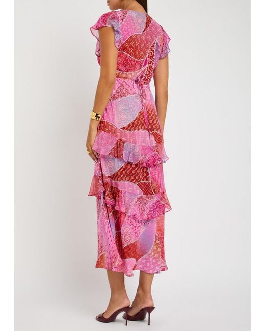 Rixo Pink Meena Patterned Silk-Chiffon Midi Dress