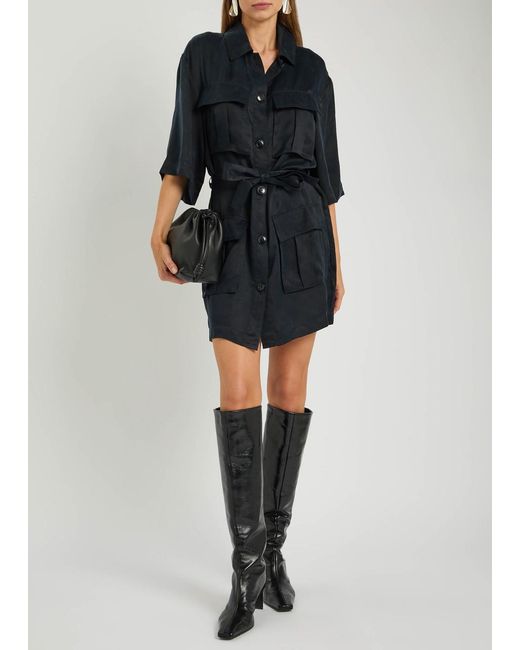 Anine Bing Black Geri Belted Woven Mini Shirt Dress