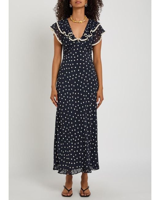 Rixo Blue Bethea Polka Dot Crepe De Chine Midi Dress