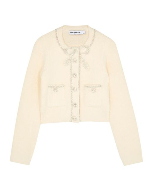 Self-Portrait Natural Embellished Cropped Knitted Cardigan