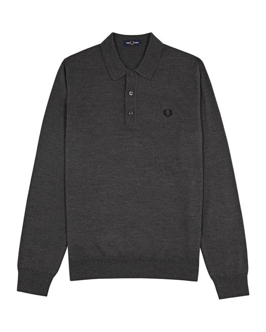 Fred Perry Gray Logo-embroidered Knitted Polo Jumper for men