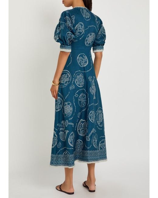 ALÉMAIS Blue Lucky Printed Linen Midi Dress