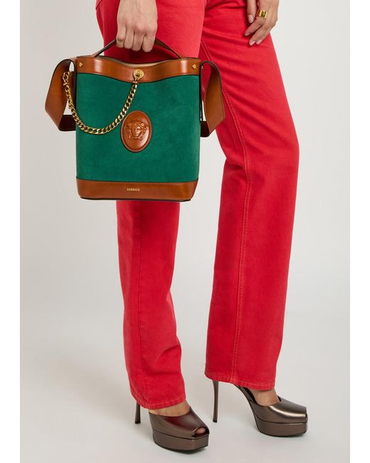 Versace Green Chain Small Leather And Suede Bucket Bag