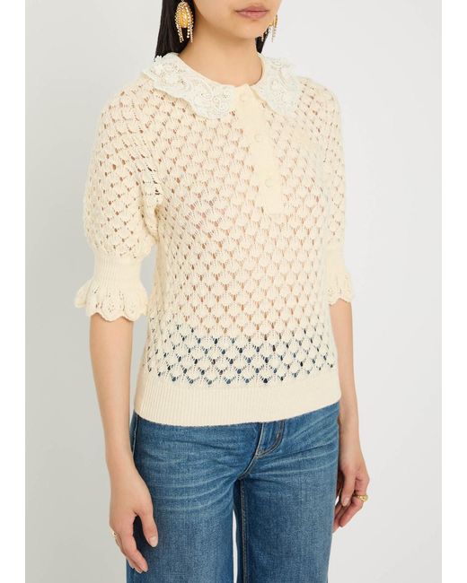 Chloé Natural Lace-Embellished Pointelle-Knit Top
