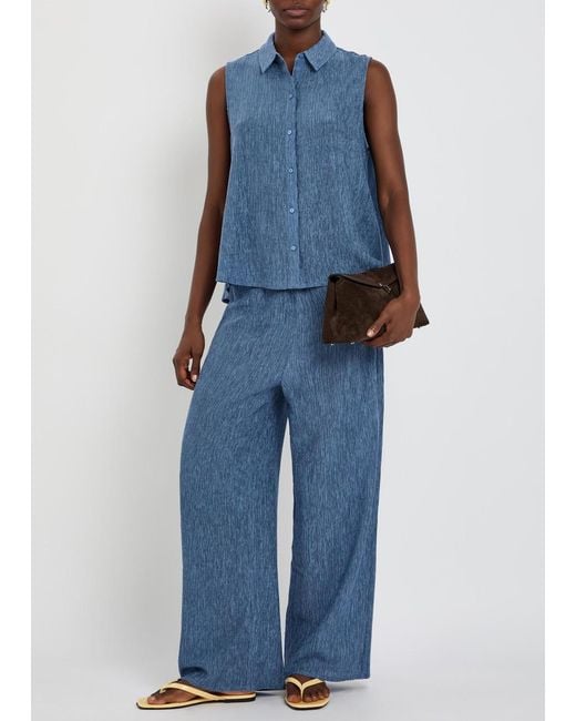 Eileen Fisher Blue Crinkled Wide-Leg Woven Trousers