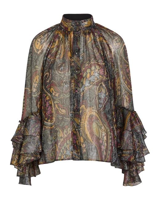 Etro Brown Printed Metallic-Silk Shirt
