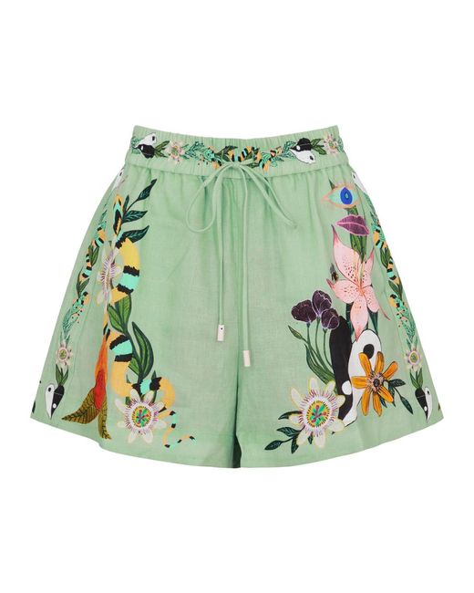 ALÉMAIS Green Meagan Floral-Print Linen Shorts