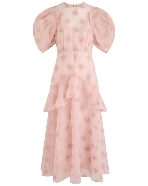 Erdem Pink Floral-Embroidered Organza Midi Dress