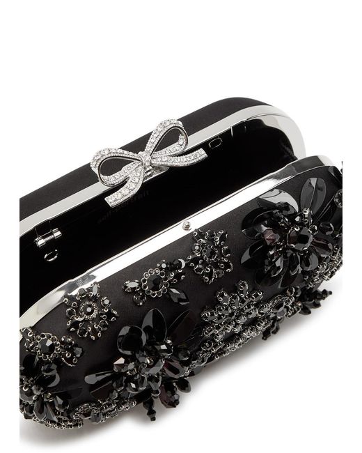 Self-Portrait Black Floral-Embellished Satin Box Clutch