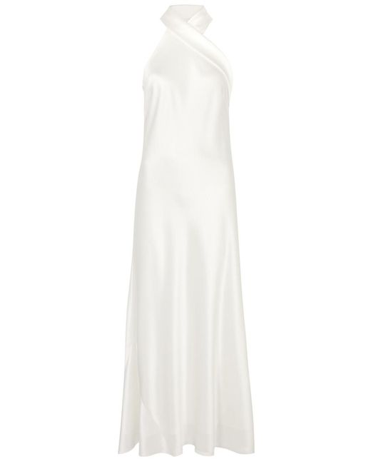 Galvan White Cropped Pandora Satin Maxi Dress