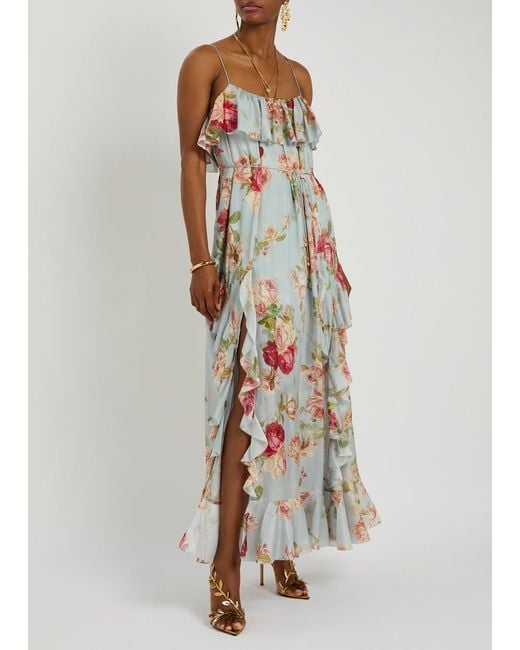 Zimmermann Blue Roselight Floral-Print Ruffled Silk Maxi Dress