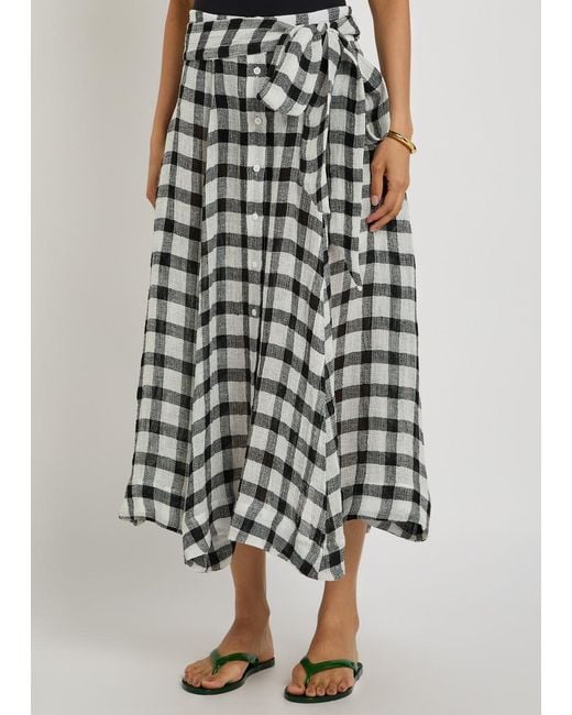 Lisa Marie Fernandez Natural Checked Belted Linen-Blend Midi Skirt