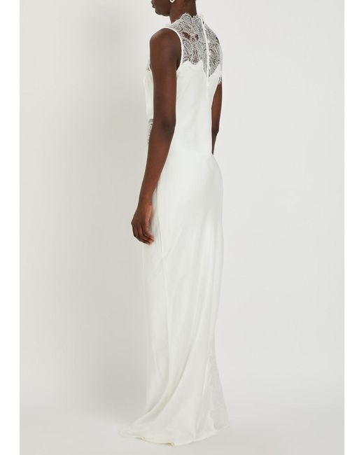 Shona Joy White Stratus High-Neck Lace Satin Maxi Dress