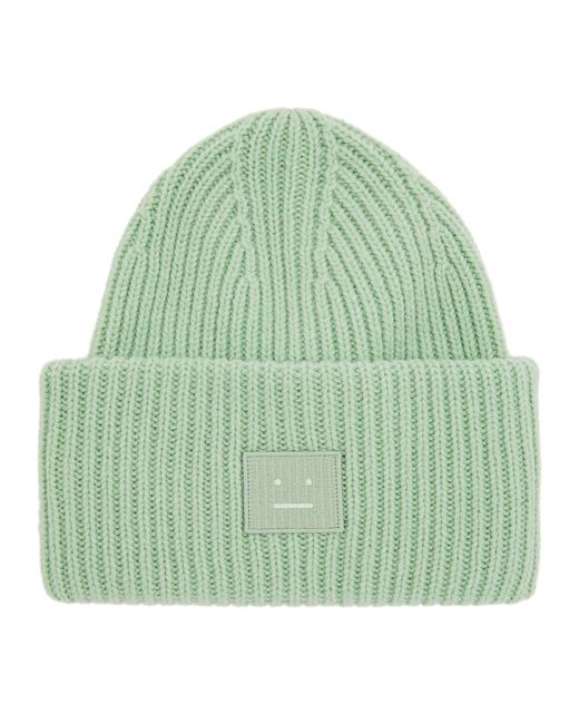 Acne Green Pansy Logo Ribbed Wool Beanie