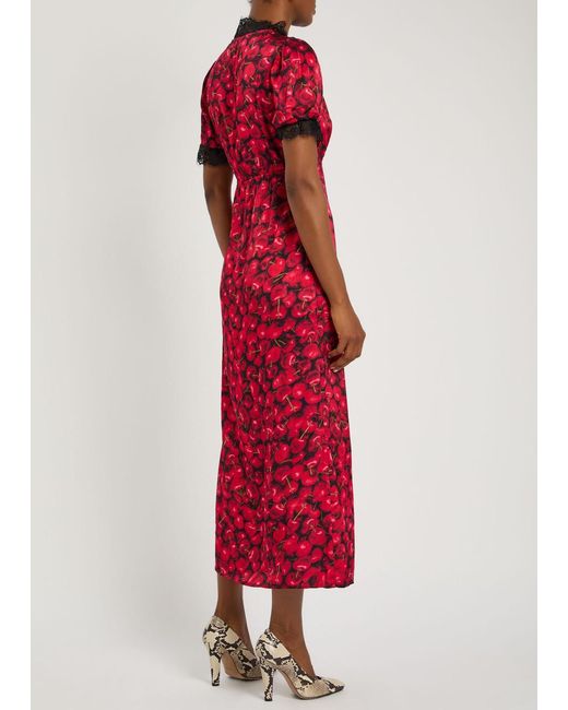 Never Fully Dressed Red Lyla Cherry-Print Lace And Satin Midi Dress