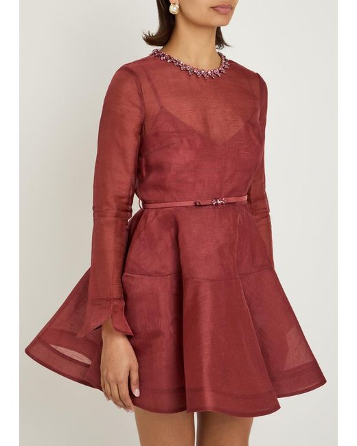 Zimmermann Red Alchemy Belted Linen-Blend Mini Dress