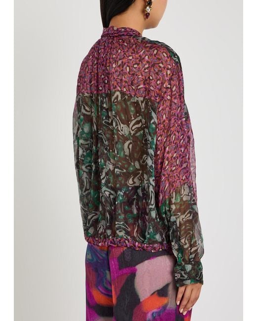 Dries Van Noten Red Cenvy Printed Silk-Georgette Blouse