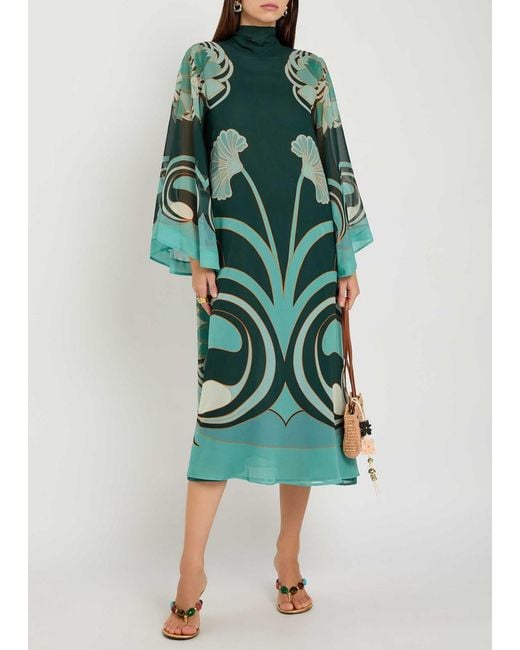 LaDoubleJ Green Magnifico Printed Silk Midi Dress