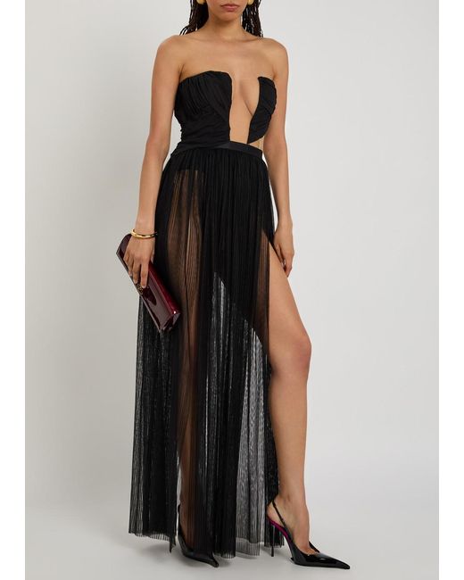 Nensi Dojaka Black Corset-Style Strapless Mesh Gown
