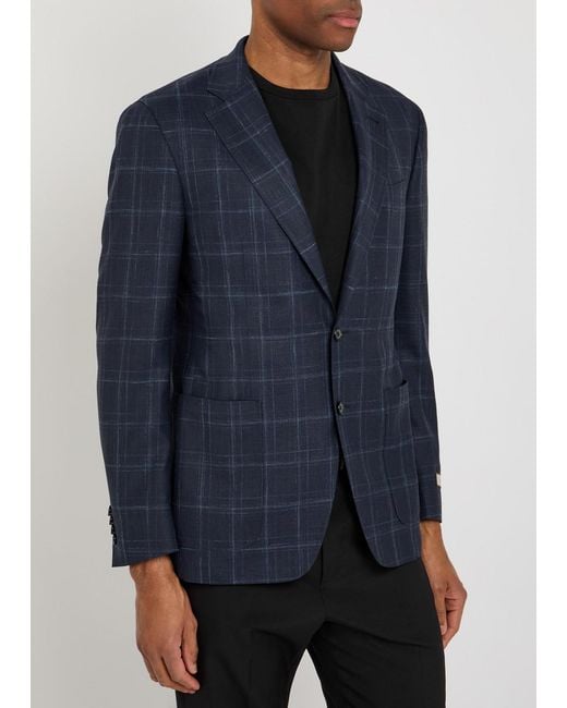 Canali Blue Plaid Wool-Blend Blazer for men