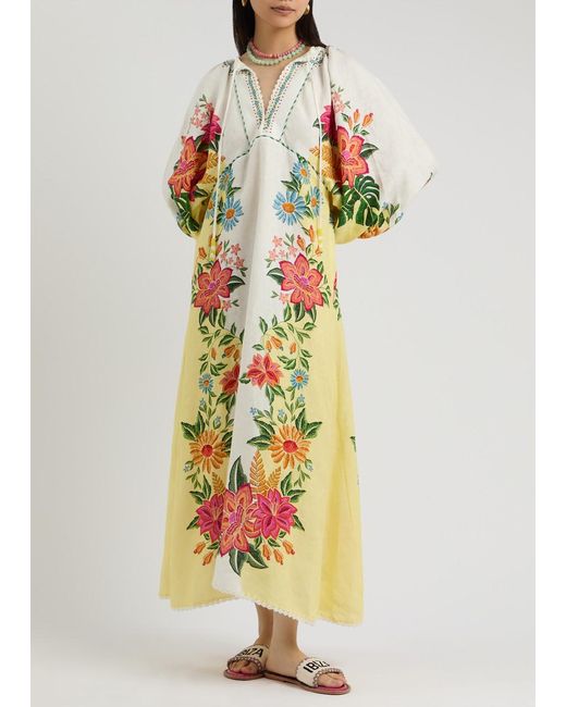 Farm Rio White Bloom Garden Printed Linen Maxi Dress