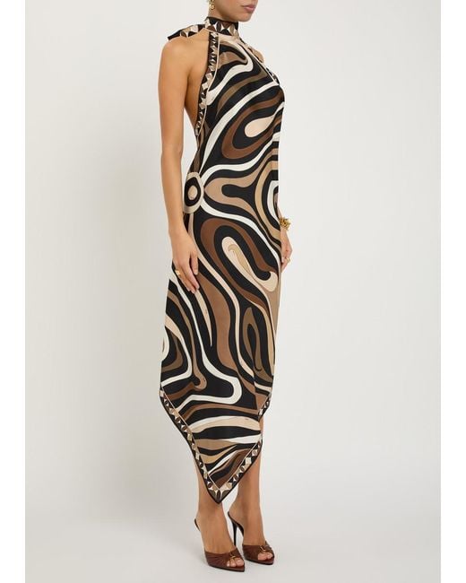 Emilio Pucci White Halterneck Printed Silk Midi Dress