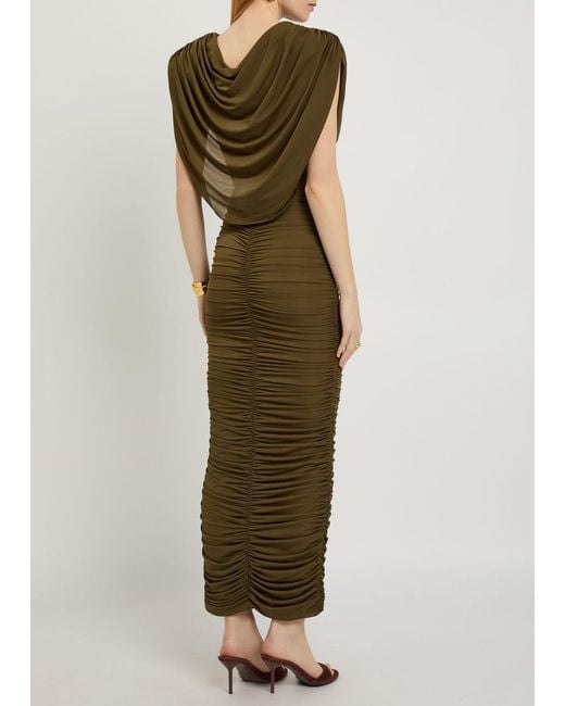 Ronny Kobo Green Parish Cowl-Neck Ruched Stretch-Mesh Midi Dress