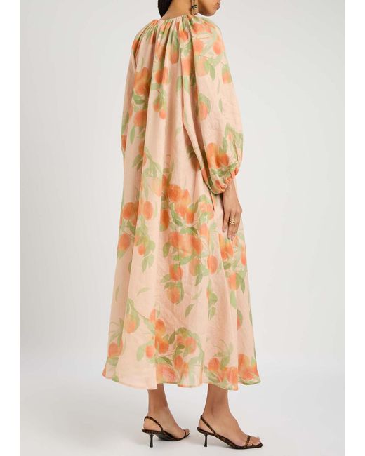 BERNADETTE Natural Georgette Printed Linen Midi Dress