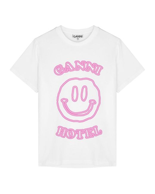 Ganni White Printed Cotton T-shirt | Lyst