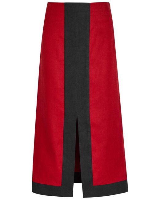 LIBEROWE Red Ruth Panelled Linen Midi Skirt