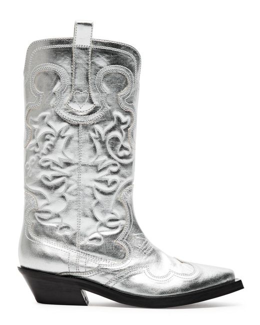 Ganni Gray 50 Metallic Leather Cowboy Boots