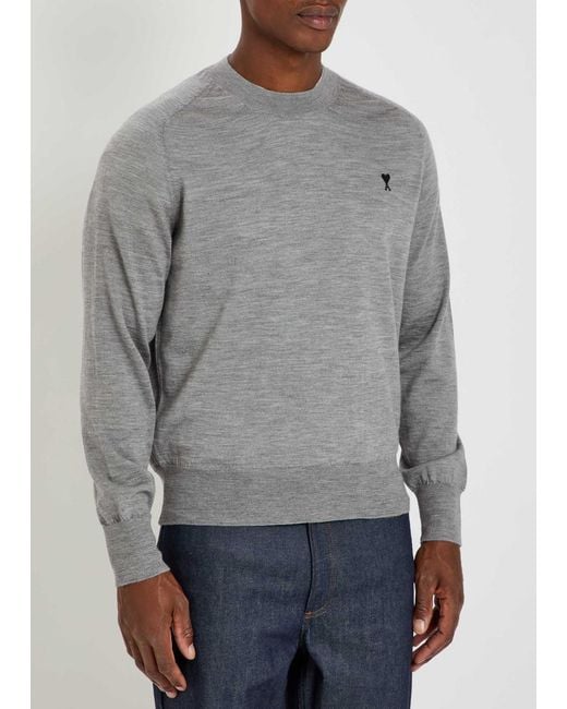 AMI Gray Logo-Embroidered Wool Jumper for men