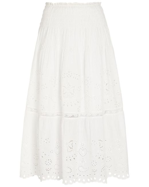 LoveShackFancy White Mallow Embroidered Cotton Midi Skirt