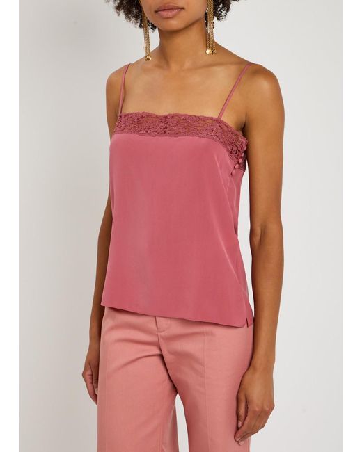 Chloé Pink Lace-Trimmed Silk Crepe De Chine Top
