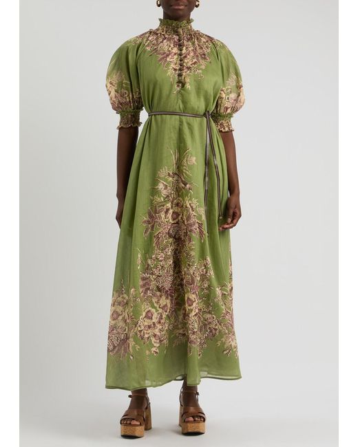 Zimmermann Green Ottie Floral-Print Ramie Maxi Dress