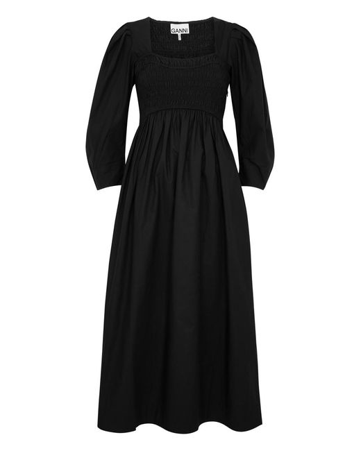 Ganni Black Smocked Cotton-poplin Midi Dress