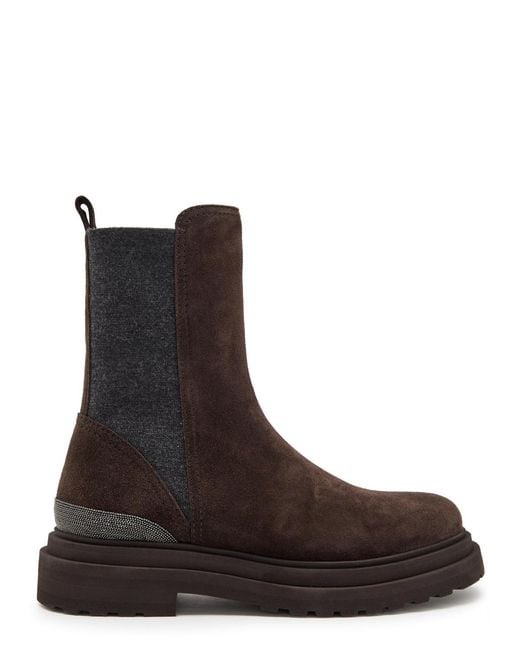 Brunello Cucinelli Brown Suede And Knit Ankle Boots