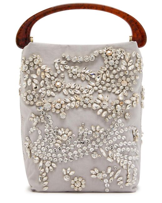 Dries Van Noten White Crisp Crystal-Embellished Woven Top Handle Bag