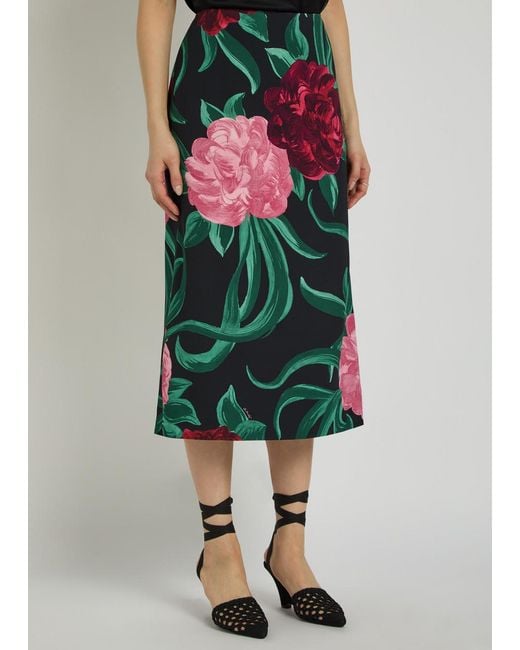 LaDoubleJ Black Floral-Print Crepe Midi Pencil Skirt