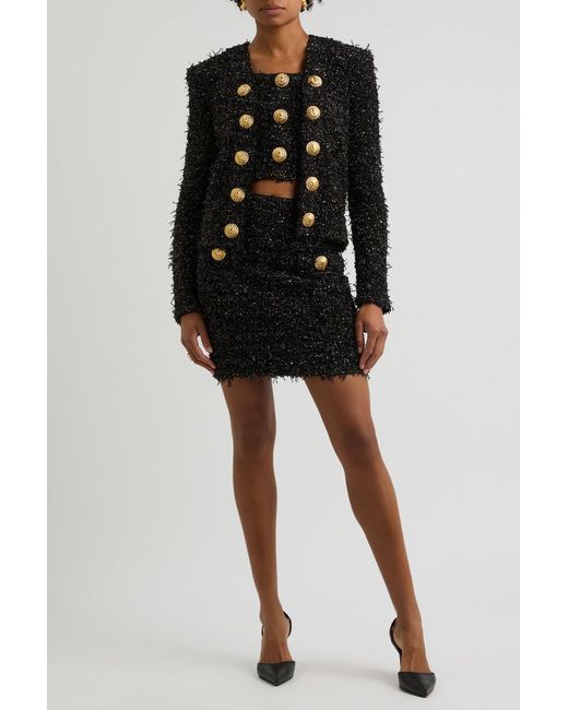 Balmain Black Frayed Cropped Bouclé Tweed Top