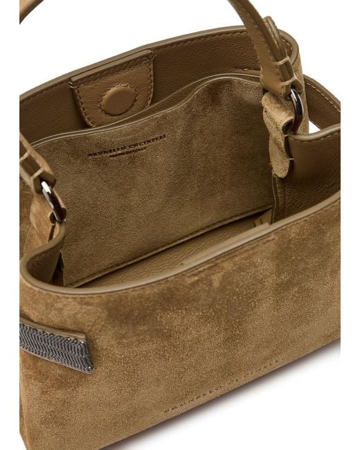 Brunello Cucinelli Brown Mini Bead-Embellished Suede Top Handle Bag