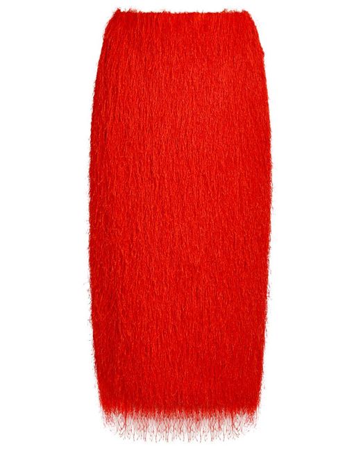 Dries Van Noten Red Sokna Fringed Midi Skirt