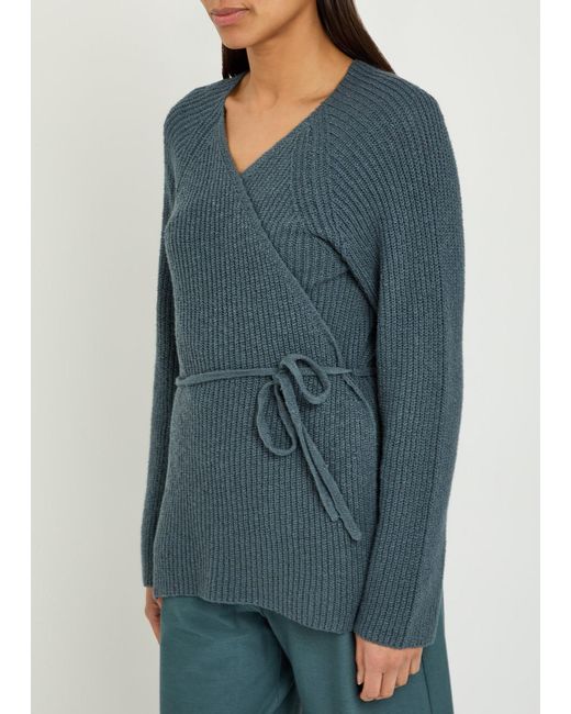 Eileen Fisher Blue Ribbed Cotton-Blend Wrap Cardigan