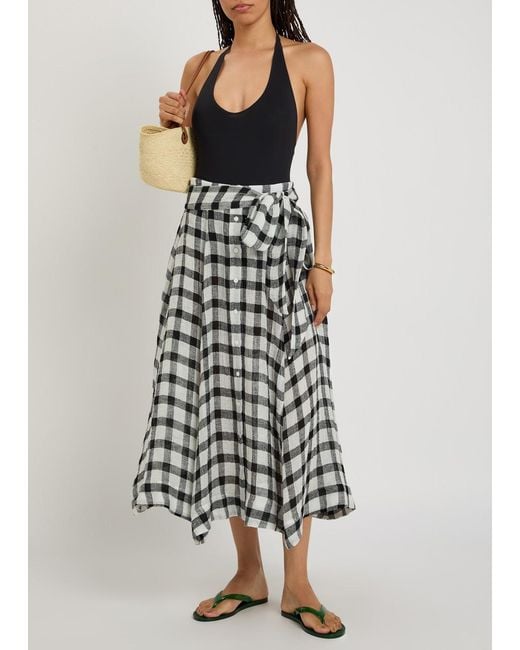 Lisa Marie Fernandez Natural Checked Belted Linen-Blend Midi Skirt