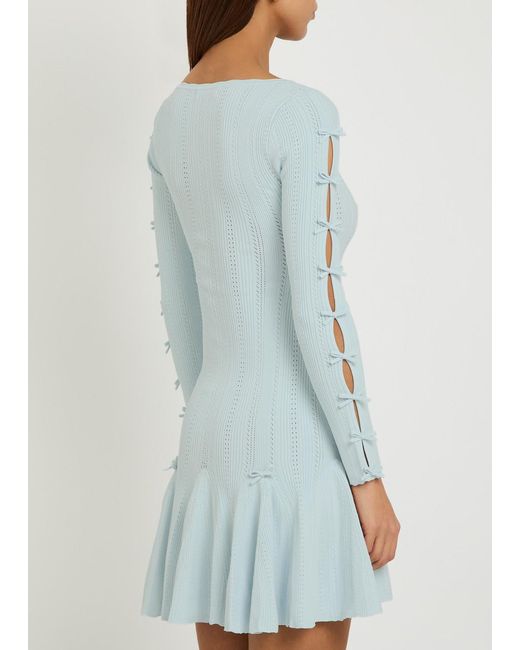 LoveShackFancy Blue Seychelle Bow-Appliquéd Pointelle-Knit Mini Dress
