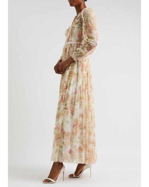 Needle & Thread Natural Peony Promise Floral-Print Ruffled Tulle Gown