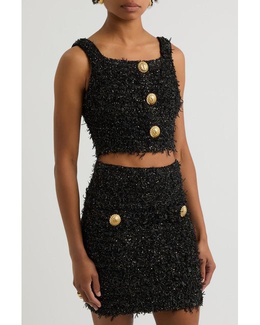 Balmain Black Frayed Cropped Bouclé Tweed Top