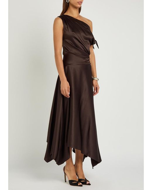 Staud Brown Portia Asymmetric Stretch-Silk Midi Dress